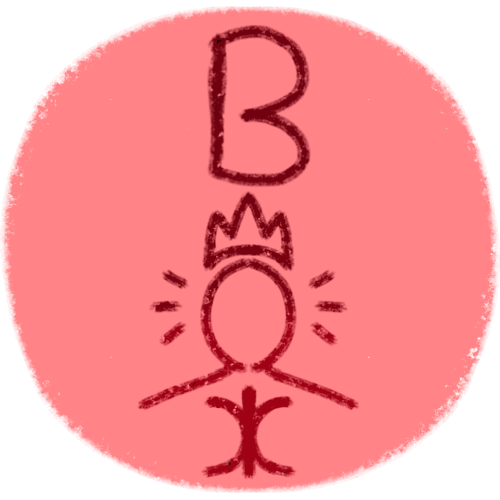 A pale red circle with a B. underneath the B is a symbol of a person with a crown. inside their chest is a semicircle symbol  usually associated with borderline personality disorder.